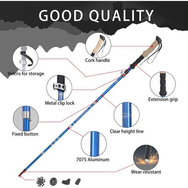 BeneCane Trekking Poles,2 pack Collapsible Adjustment Hiking Poles,Lightweight,Aluminum Walking Sticks with 4 Replacement Tips (Blue) 1