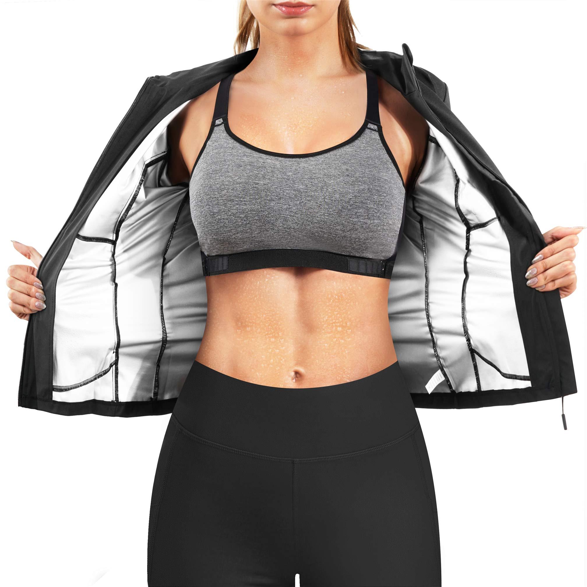 Chumian Women Hot Sweat Sauna Suit Track Jackets Workout Long Sleeve Tank Tops with Zipper Slimming Polymer Waist Trainer (Black, S)
