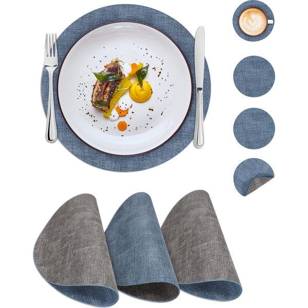 SUEH DESIGN Round Placemats and Coaster Sets 4, Faux Leather Place Mats Reversible Table Mats Heat Resistant Place Mats for Table Kitchen Dining Indoor Outdoor 0