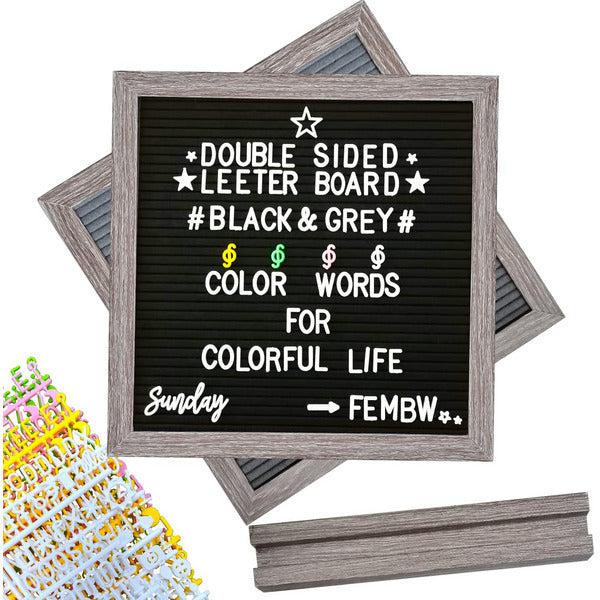 Double Sided Felt Letter Board, 12 x 12 Inch Vintage Wood Frame Message Memo Board with Stand, 1100+ Changeable 4 Colors Letters and Symbols Emojis Announcement Board for Home Kitchen Party Business 0
