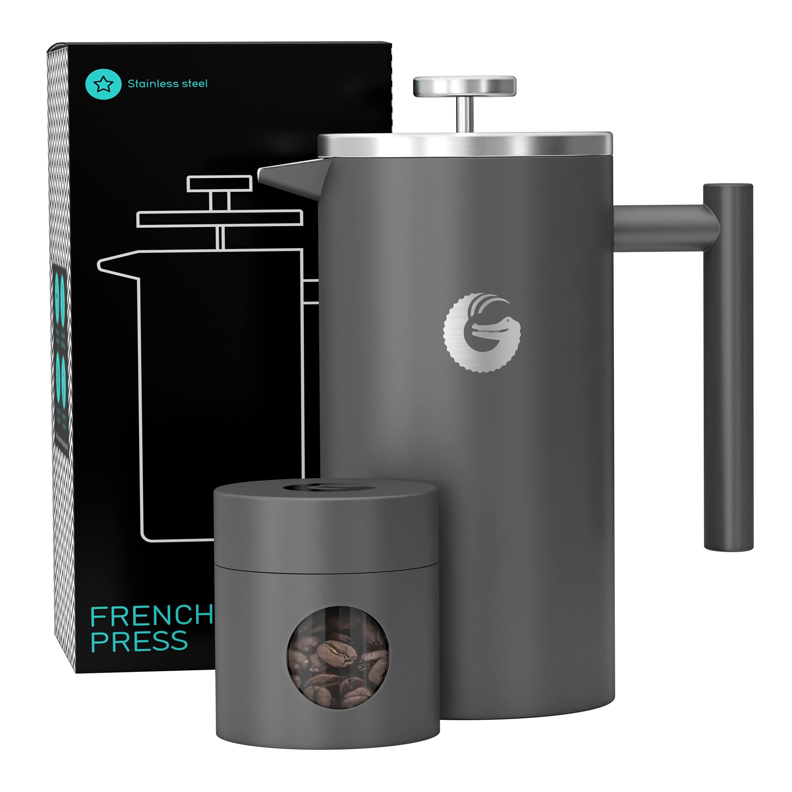 Coffee Gator Cafetiere - 1 Litre French Press Coffee Maker - Large Capacity, Double-Wall Insulated Stainless Steel Brewer - Hotter for Longer - Grey