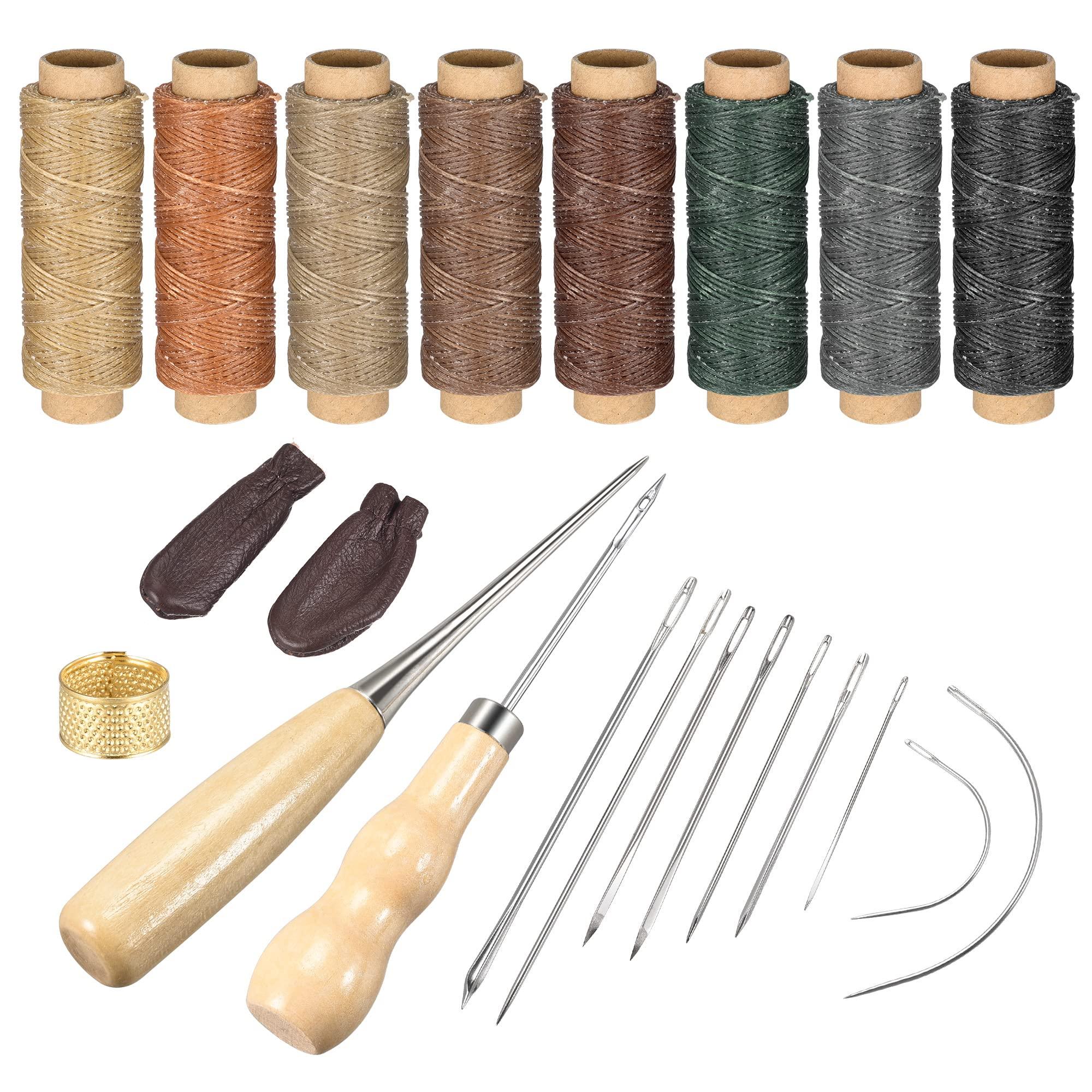 sourcing map Leather Sewing Threads Hand Stitching Tools Kit, Includes 8 Colors Waxed Flat Cord, Sewing Needles, Stitching Awls, Thimble 0