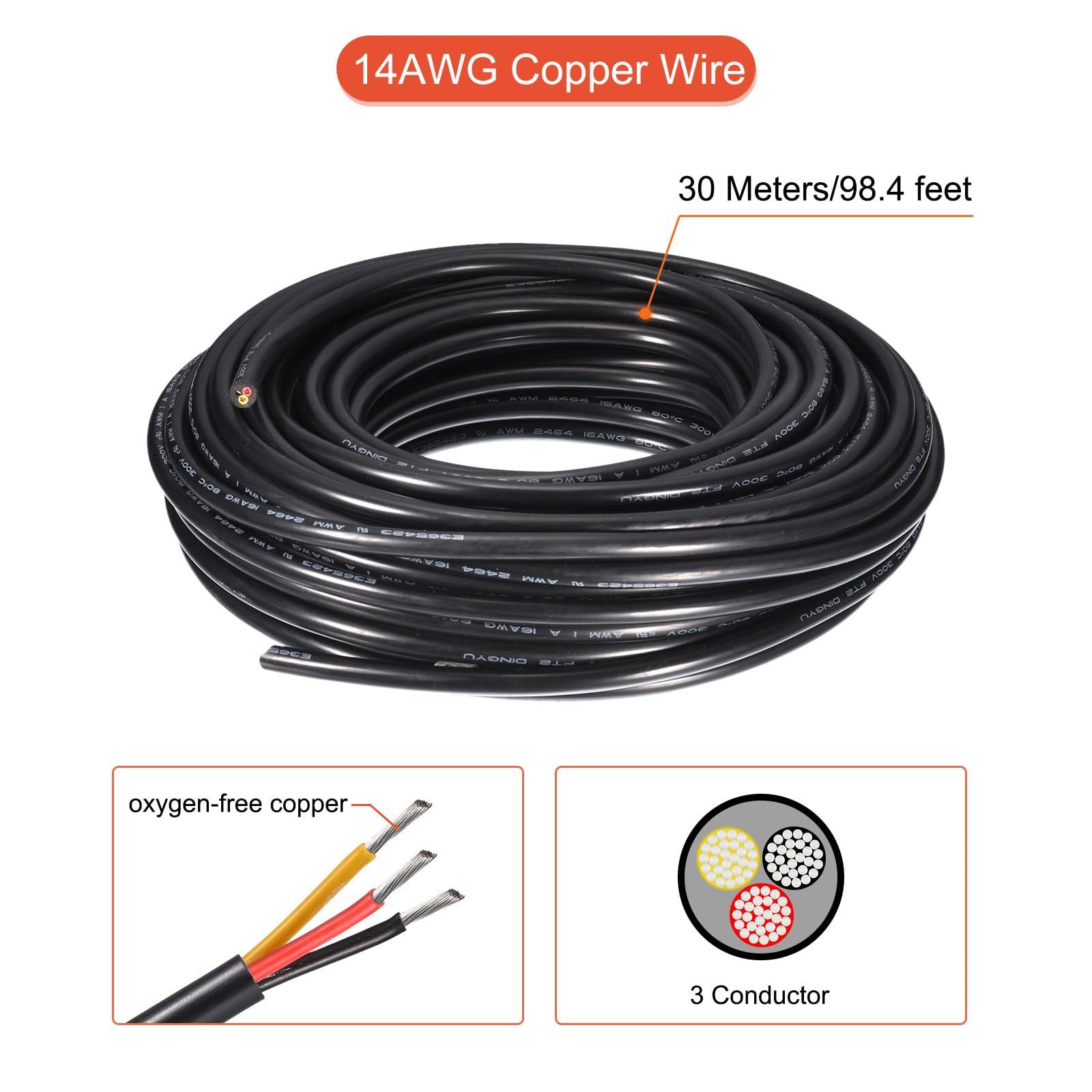 sourcing map Power Cable 3 Conductor Electrical Wire 14AWG 98.4ft 30 Meters UL2464 Electrical Wire PVC Cord Copper Cable for LED Strips Lamps Lighting 1