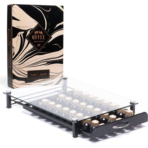 Peak Coffee Capsule Storage Drawer Tray for 60 Nespresso Original Pods | Pod Holder Box, Organiser & Machine Stand with Tempered Glass Top | Smooth Drawer Action