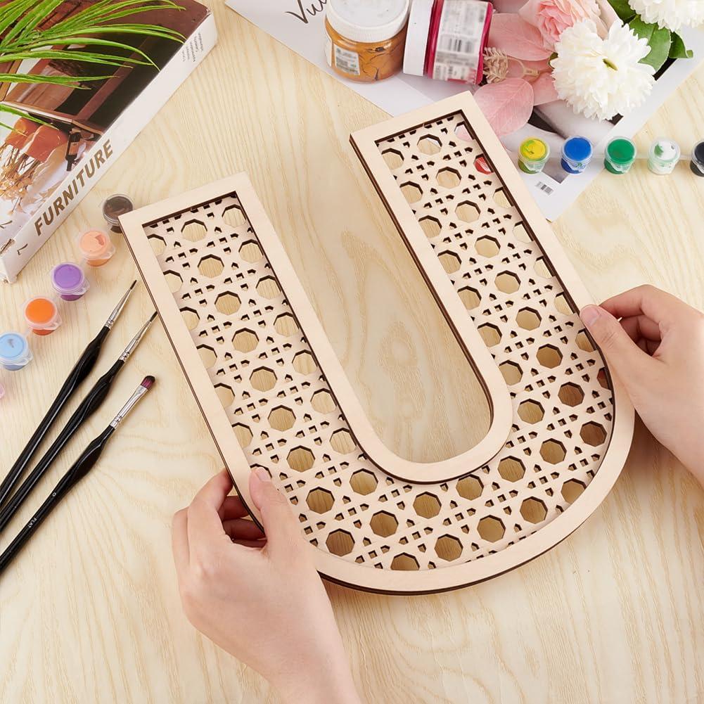 OLYCRAFT Wooden Rattan Letters Rattan Letter U 249x300x10mm Wood Personalized Initial Wall Hanging Letter U Hollow Rattan Style Letter for Wall Decor Home Wall Interior Background Decoration 2