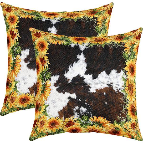 Cow Print Pillow Cover 20X20 Inch Yellow Sunflower Rustic Plant Decorative Square Cushion Cover White Brown Western Land Farmhouse Animal Cushion Case for Party Housewarming Office RV,2 Pack