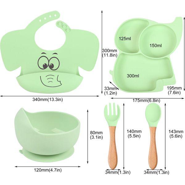 FILOWA Baby Feeding Set, 5 in 1 Silicone Weaning Set for Babies with Suction Plate, Suction Bowl, Spoon and Fork, Adjustable Bibs Tableware Sets, BPA Free Cutlery Set for Toddlers, Green Elephant 1