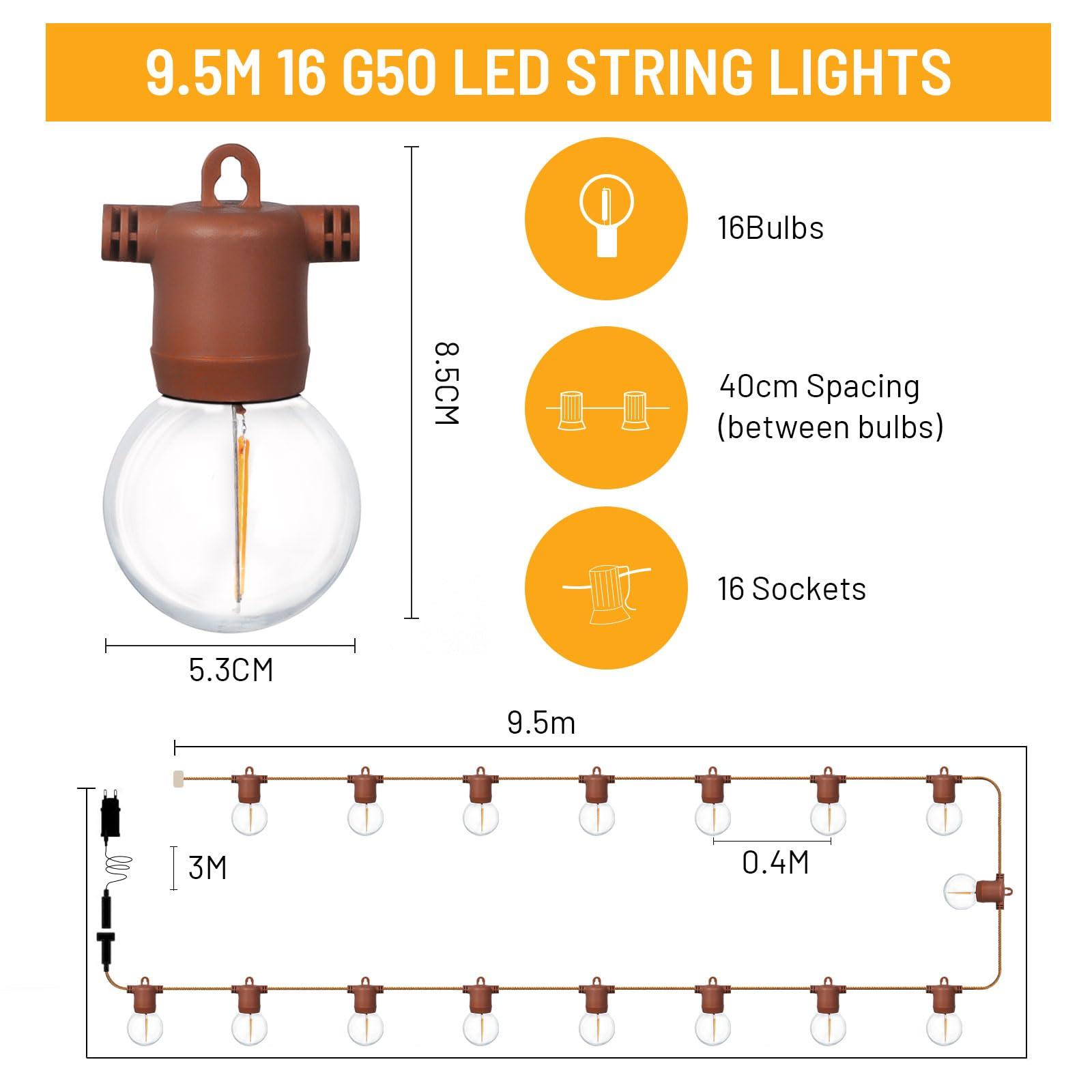 Gresonic Outdoor String Lights, 16LED 6.5m/21.3ft Festoon Hemp Rope Light Mains Powered 3Modes G50 Bulbs Warm White with Remote Timer Shatterproof Waterproof Garden Patio Party Wedding Backyard Gazebo 1