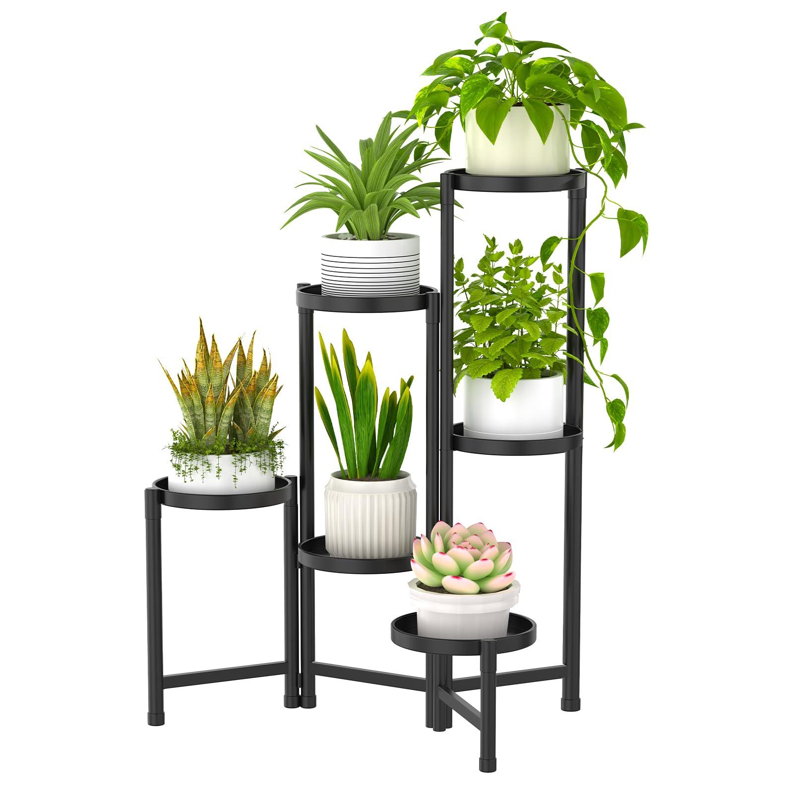 Msoesticc.dl 6 Tier Metal Plant Stand Tall Indoor Outdoor, Foldable Corner Plant Shelf for Multiple Plants, Tiered Flower Pot Stand Display Rack for Corner Balcony Garden Patio Living Room(Black)