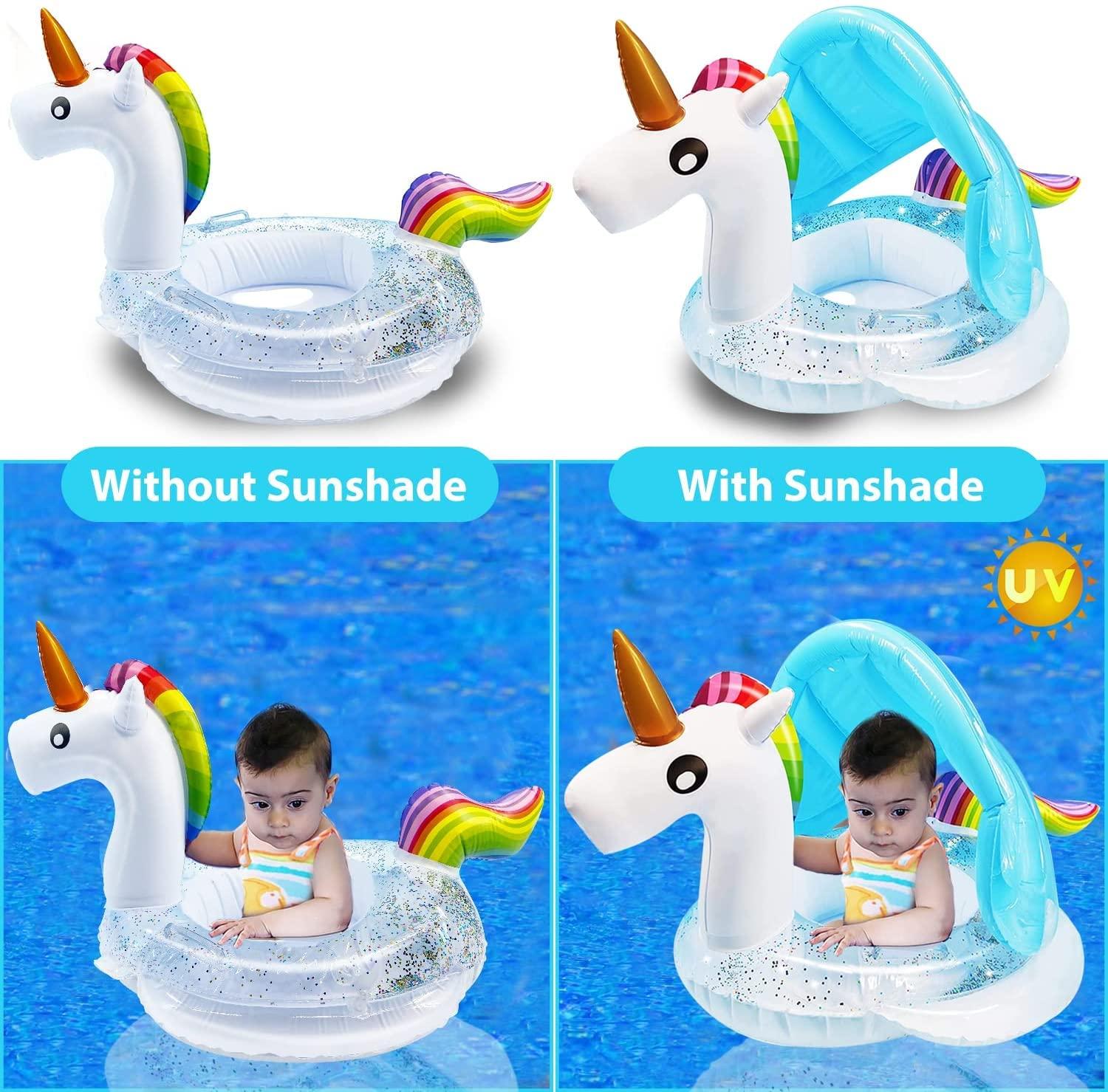 mciskin Unicorn Baby Swimming Pool Float with Canopy,Glitters Seat &Safety Handle,Summer Baby Floats for Pool, Inflatable Baby floaties for 1-3 Years Kids Family Summer Outdoor Party Favor 1