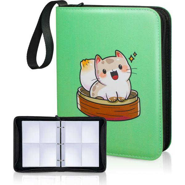 CLOVERCAT Waterproof Trading Card Binder, Storage Book with 3 Rings, 720 Double Sided Pocket Album Compatible with Amiibo, Yugioh, MTG and Other Sport Cards (4 Pocket, Cat, Green)