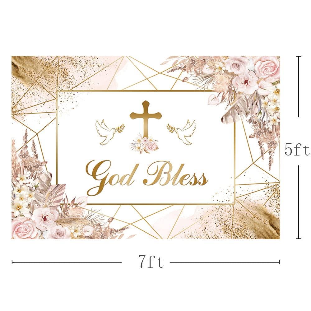 MEHOFOND 7x5ft God Bless Backdrop Bohemia Theme Pink Floral First Holy Communion Christening Dove Jesus God Bless Photography Background Newborn Baby Shower Cake Smash Decor Photo Studio Props 2