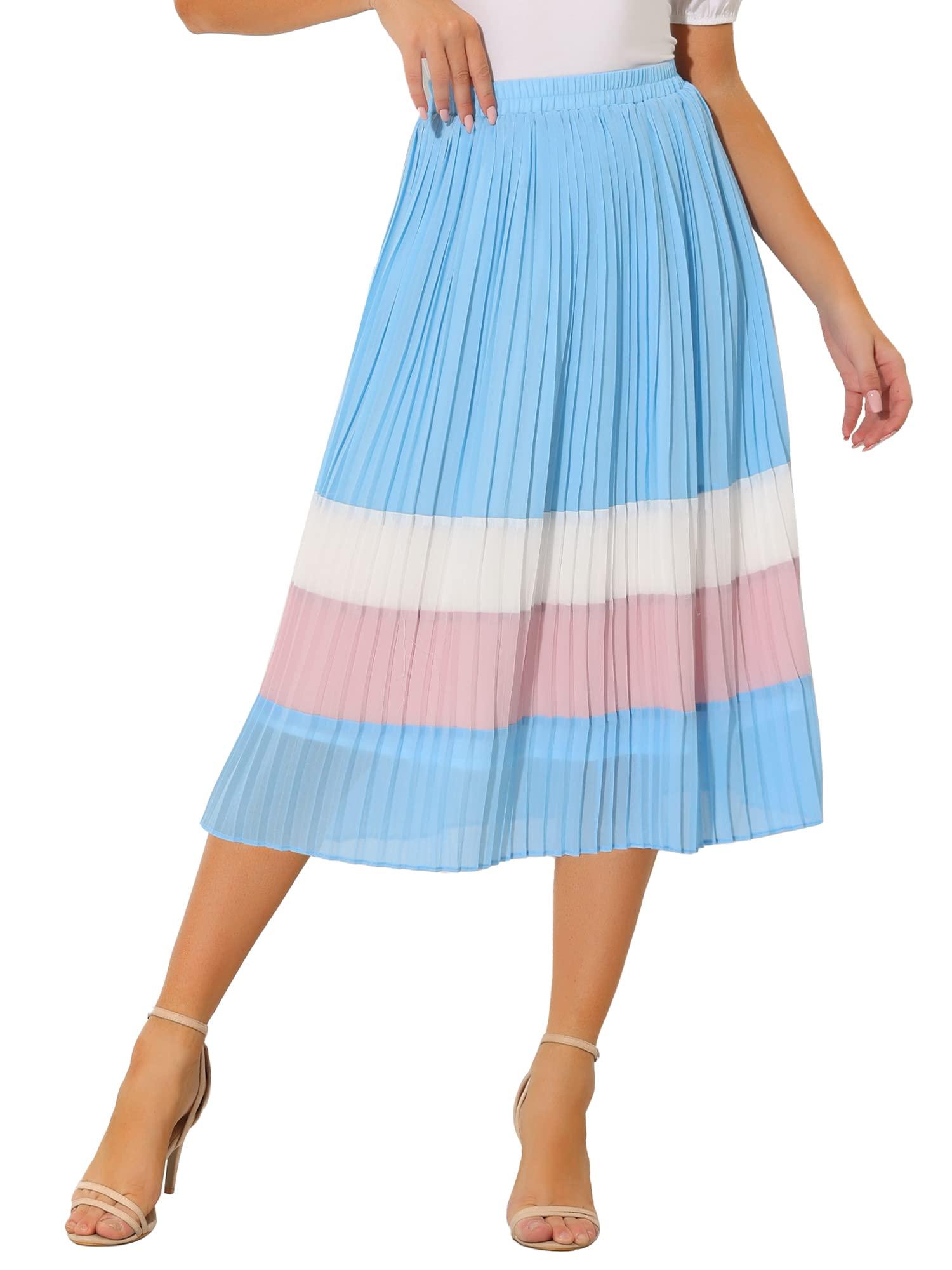 Allegra K Women's Chiffon High Waist Color Block A-Line Pleated Midi Skirt Pleated Skirt Watermelon Pink L-16 5