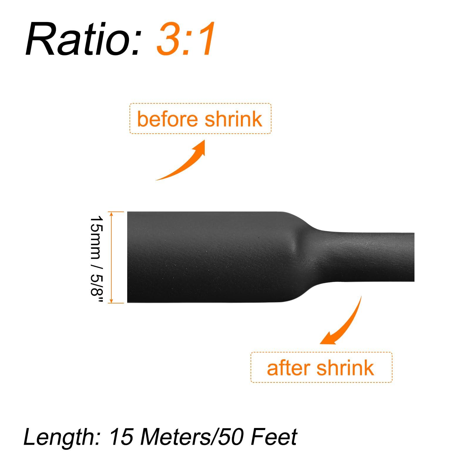 sourcing map Heat Shrink Tubing, 3:1 Ratio 5/8 Inch Diameter 50ft Adhesive Lined Dual Wall Heat Shrink Tube Waterproof Sealed Black 1