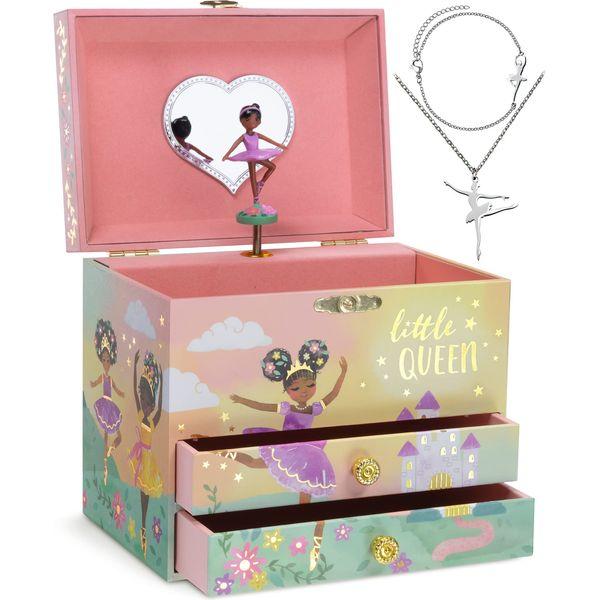 Jewelkeeper Ballerina Music Box & Little Girls Jewellery Set - 3 Ballerina Gifts for Girls - Little Queen Design