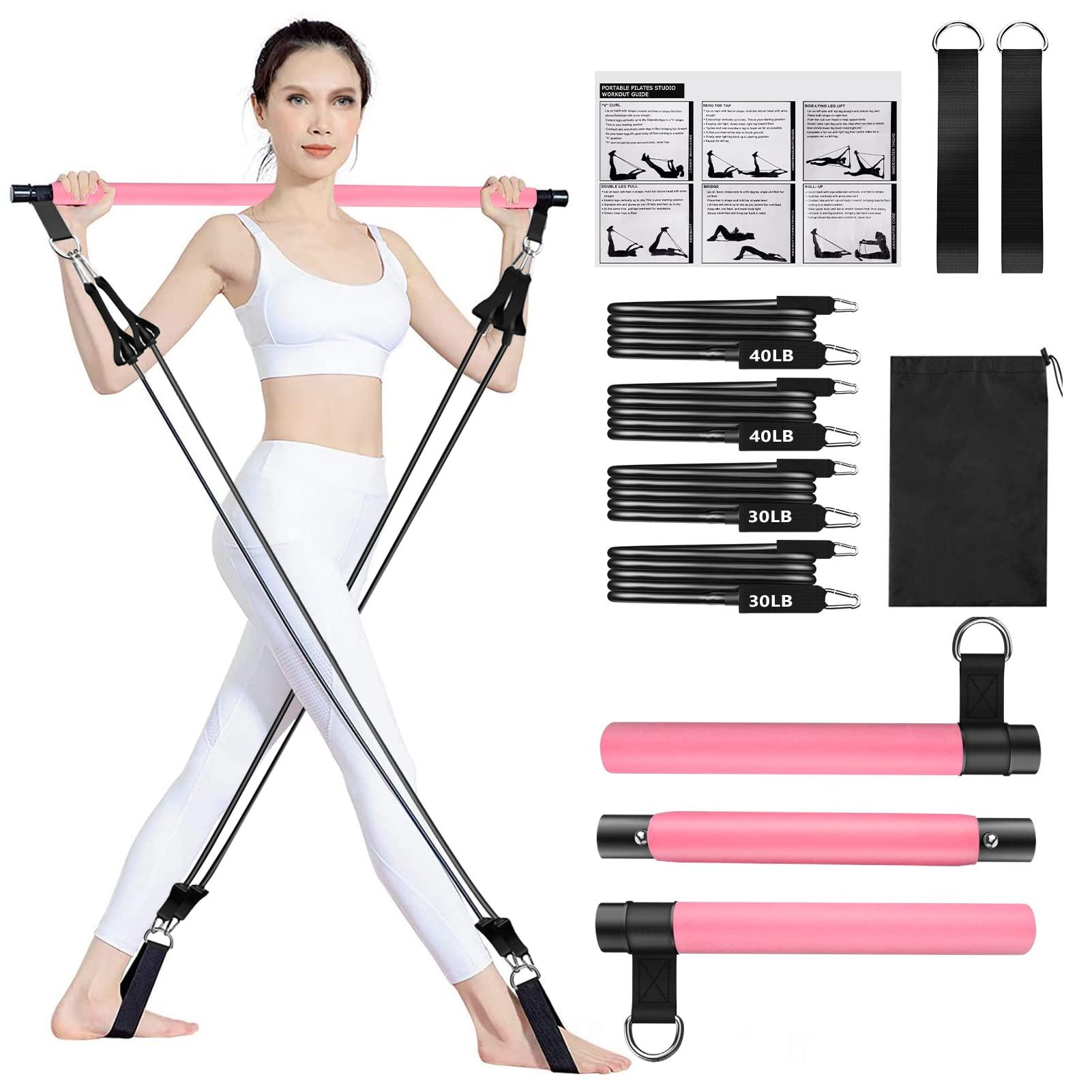 Qicool Pilates Bar Set,Pilates Bar Kit with 4 Resistance Bands(2x30lbs,2x40lbs),Fitness Equipment Yoga Pilates,Workout Resistance Band Bar with Foot Strap for Legs,Hip,Waist and Arm (Pink) 0