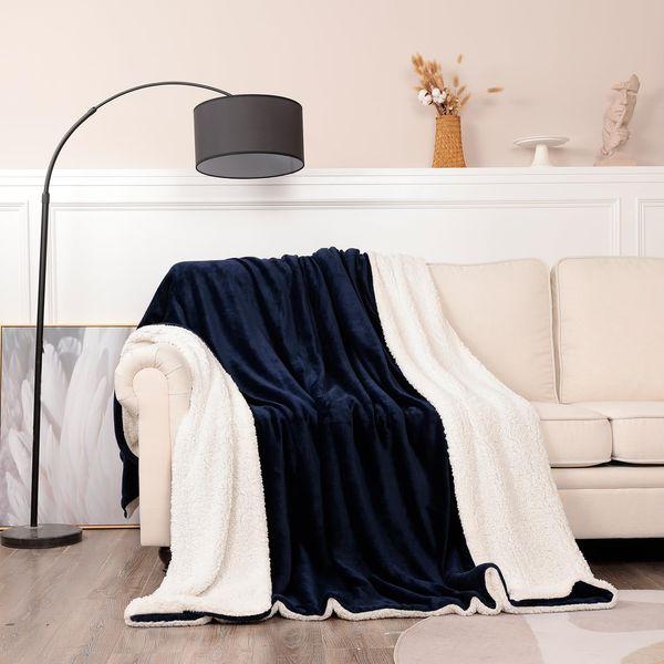 VOTOWN HOME Sherpa Fleece Blanket Queen Size, Comfy Fluffy Microfiber Solid Blankets for Bed and Sofa, Large Throw Blanket 220x240cm Navy Blue 0