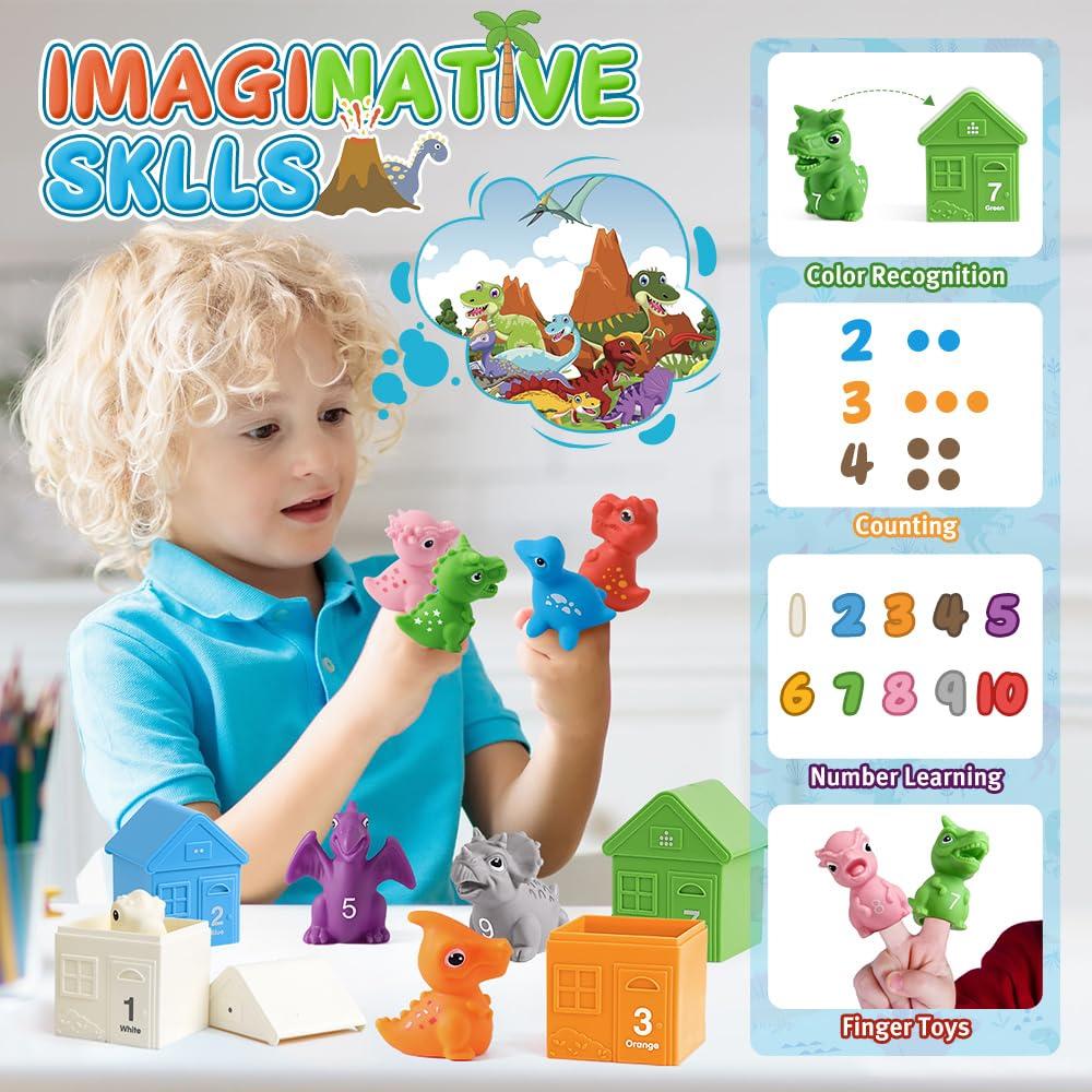 Mini Tudou Montessori Toys for 1,2,3 Year Old,20 Pcs Dinosaur Learning Toys with Finger Puppets & Stacking House,Counting & Matching & Sorting Fine Motor Games,Sorting Toys for Toddlers 1-3 2