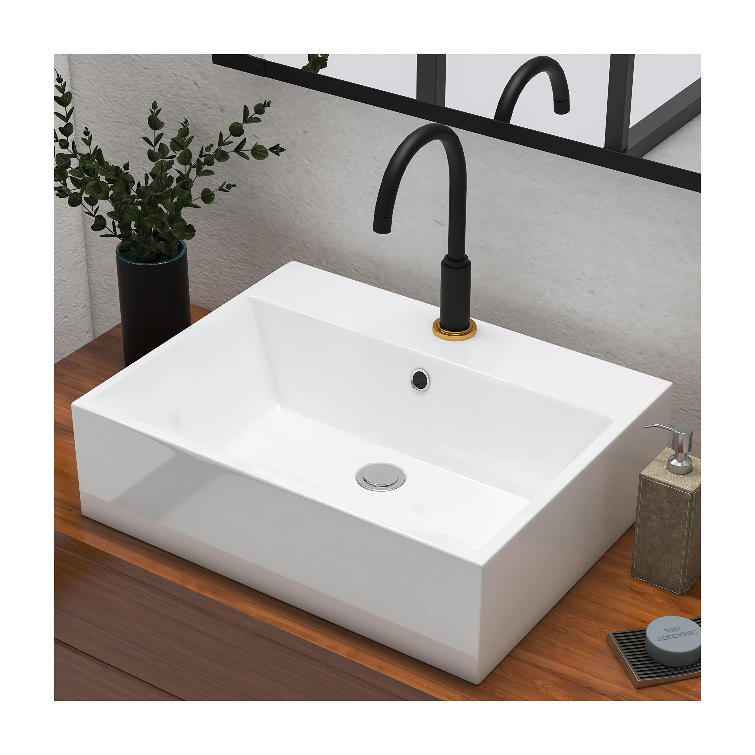 MEJE 53.5 x 42 x 15.5 cm White Bathroom Vessel Sink,Rectangular Above Counter Sink, Porcelain Ceramic Wall Hang Sink, Art Basin,Wash Basin for Lavatory Vanity Cabinet 0