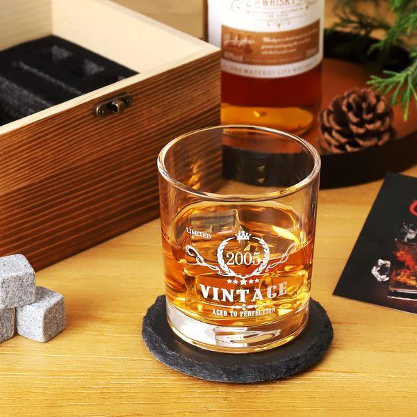 18th Birthday Gifts for Boys, Vintage 2005 Whiskey Glass Set - 18th Birthday Decorations - 18 Years Anniversary, Bday Gifts Ideas for Him, BoyFriend, Friends - Wood Box & Whiskey Stones & Coaster 2