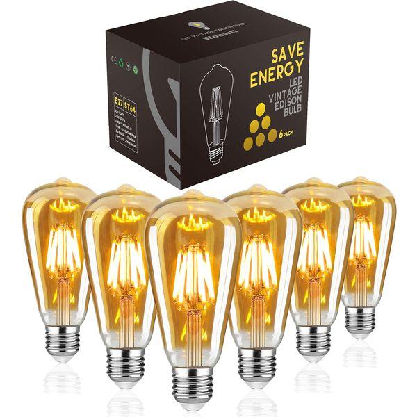 Woowtt LED Edison Bulb, Vintage Light Dimmable 6W E27 Bulbs, Led Filament Antique Style Retro Amber Glass Screw Lamp, ST64, 2700K, 600LM, - 6 Pack 0