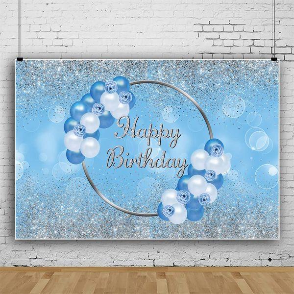 Renaiss 10x6.5ft Blue and Silver Happy Birthday Backdrop Silver Glitter Sparkle Blue White Balloon Flowers Photography Background Kid Adult Birthday Party Dessert Cake Table Decor Studio Booth Props 2