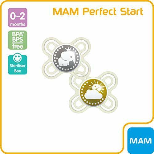 MAM Perfect Soothers 0-2 Months (Pack of 2), Thinner and Softer Baby Soothers with Self Sterilising Travel Case, Newborn Essentials, Green/White (Designs May Vary) 2