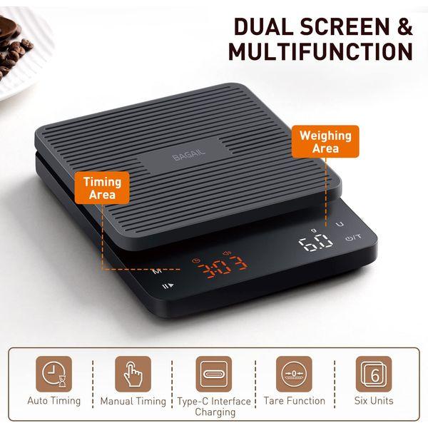 BAGAIL Digital Coffee Scale with Timer, 0.1g High Precision Electronic Kitchen Scale with Large Display, Auto Tare and Touch Sensor Button, Rechargeable Weighing Scale for Drip Coffee, Max Weight 3kg 1