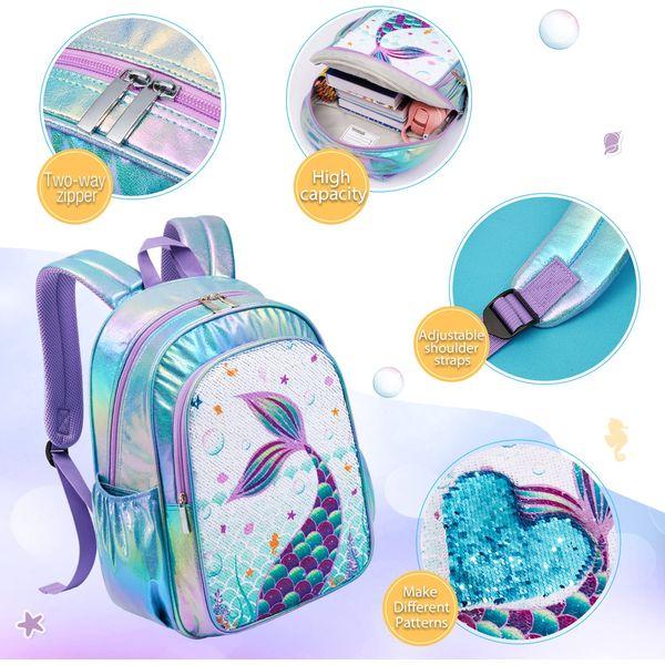 Sequin Mermaid Kids Backpack Set - Sparkly School Backpack with Lunch Bag for Girls Toddler Preschool Kindergarten Elementary 15” Hiking Travel Blue Laptop Book Bag Insulated Lunch Tote Bag 2