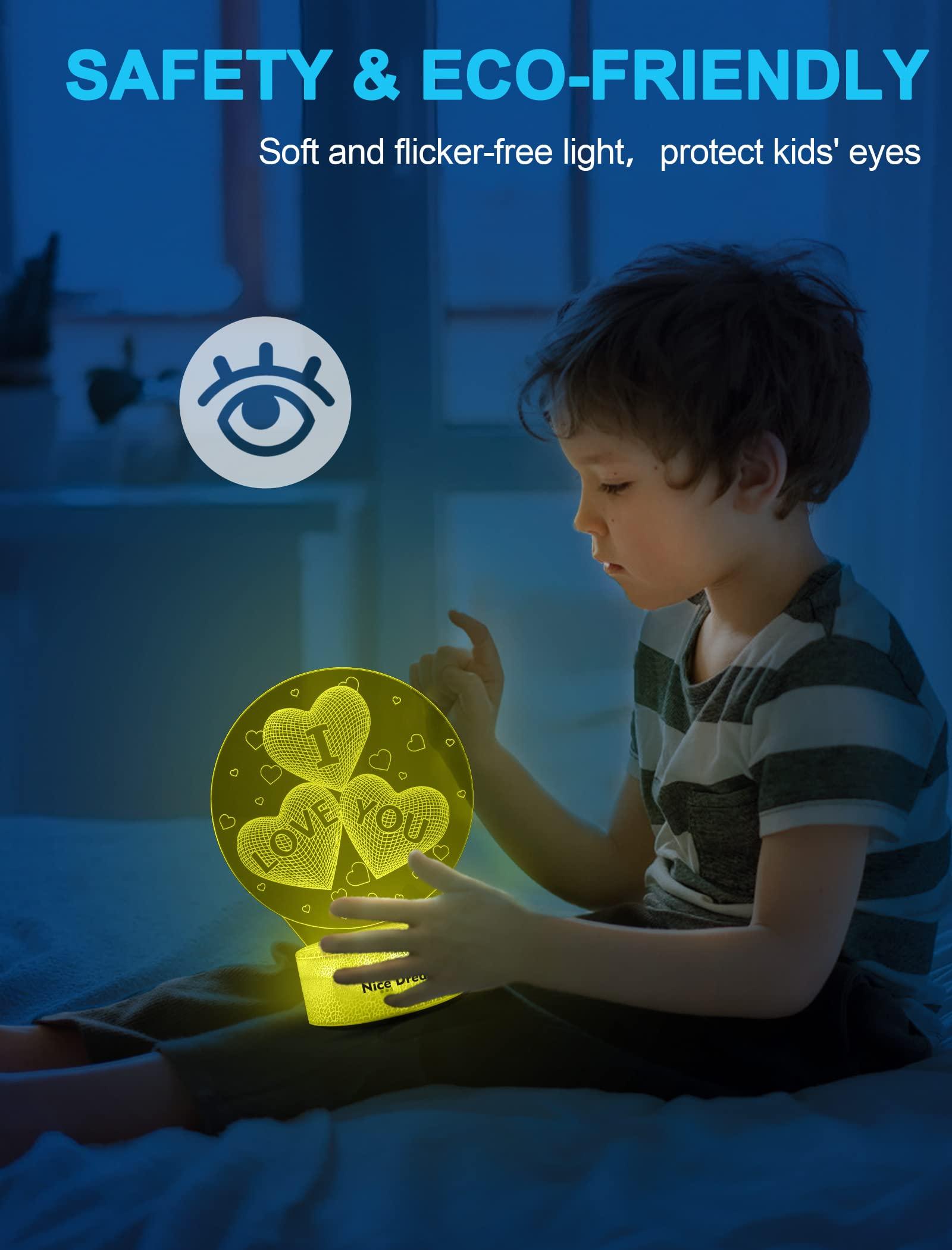 Nice Dream I Love You Heart Night Light for Kids, 3D Illusion Night Lamp, 16 Colors Changing with Remote Control, Room Decor, Gifts for Children Boys Girls 1