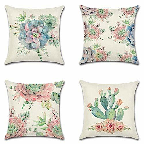 Artscope Set of 4 Decorative Cushion Covers 45x45cm, Succulents Pattern Waterproof Throw Pillow Covers, Perfect to Outdoor Patio Garden Bench Living Room Sofa Farmhouse Decor 0