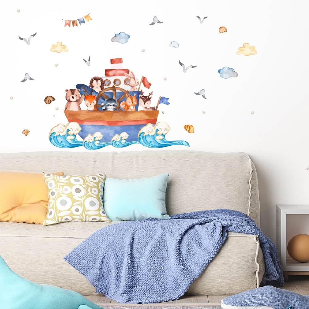 SUPERDANT Sailboat Animals Wall Stickers Carton Animals Oecan Wall Decals Removable Vinyl Art Decor for Nursery Bedroom Bathroom Playroom Living Room Decoarion