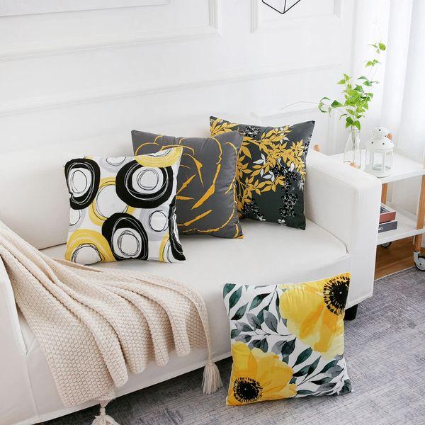 Allmarkhomes Velvet Throw Pillow Covers Printed Flowers Outdoor Yellow and Grey Cushion Cases for Bedroom Sofa Chair 18 X 18 Inches Pack of 4 4