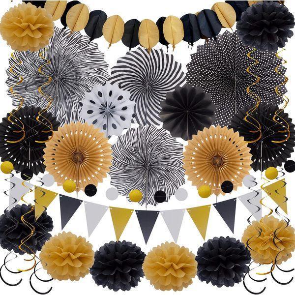Party Decoration Birthday Festival Set - Huryfox 33pcs Black and Gold Bunting Decorations Paper Pom Poms Supplies Garland Hanging Honeycomb Balls Suitable for Holiday Garden Indoor Home Decor