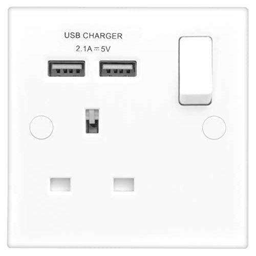 BG Electrical Single Switched 13 A Fast Charging Power Socket with Two USB Charging Ports, 2.1 A, 5 V, 10.5 W, Square Edge, White 2