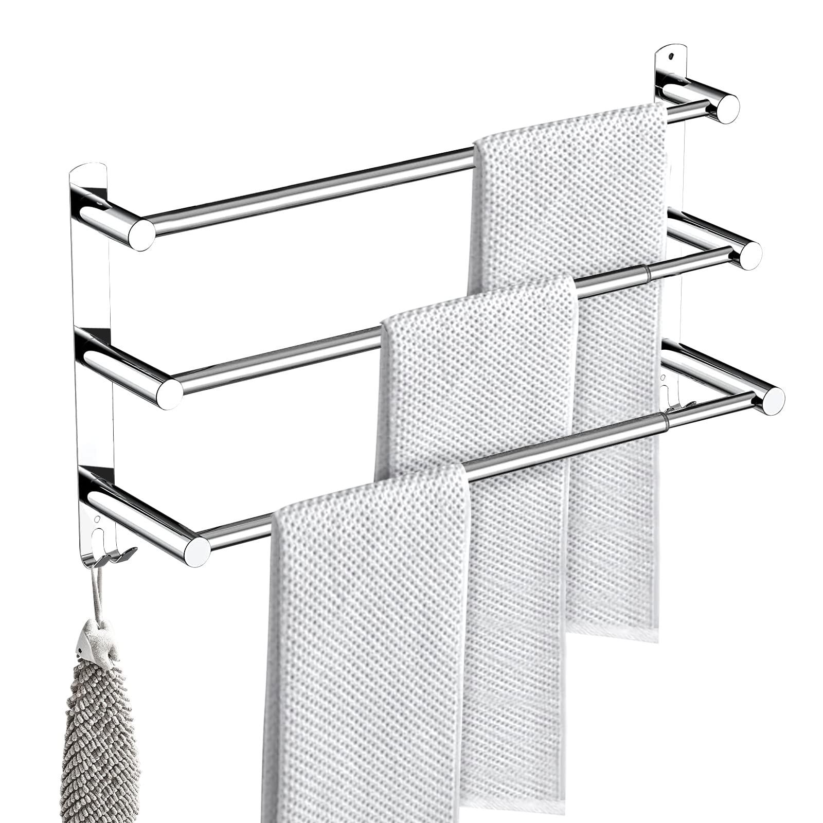 BIGLUFU Towel Rail Self Adhesive 3-Tier Bath Towel Rack Wall Mounted, SUS 304 Stainless Steel Towel Holder with 2 Hooks Towel Shelf Bar for Bathroom Kitchen, Adjustable 43-78cm (Black)