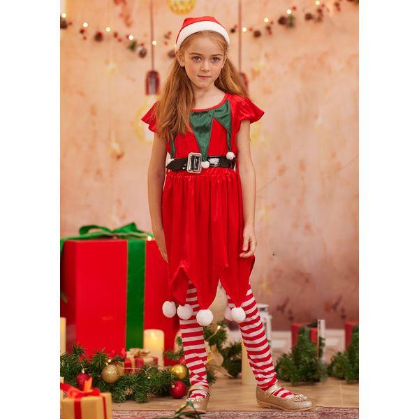 IKALI Christmas Elf Costume Girls Santa Claus Helper Suit Kids Fancy Dress Up Outfit with Long Stockings Xmas Hat 3-4Y 3