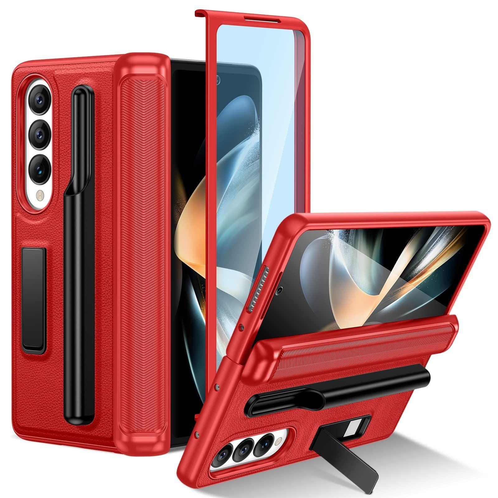 HWeggo for Samsung Galaxy Z Fold 4 Case with S Pen Holder and Kickstand,Samsung Z Fold 4 Case with Front Screen Protector,Hard PC Shockproof Anti-Scratch Hinge Coverage Protective Cover(Red) 0