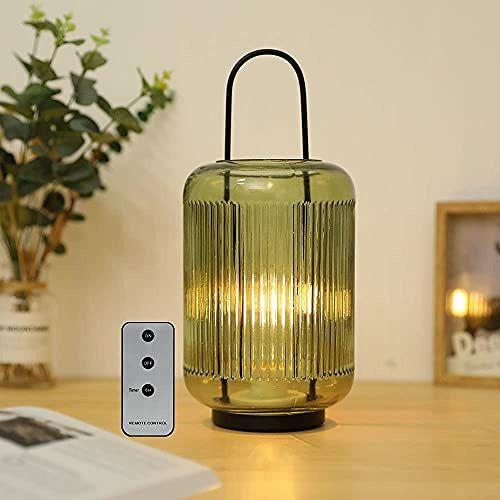 JHY DESIGN Table Glass Lamp Battery Operated, 30.5cm High Battery lamp with Handle Hanging LED Lantern with 6-Hour Timer Remote Control for Indoor Party Outdoor Wedding Balcony Garden(Amber-Green) 0