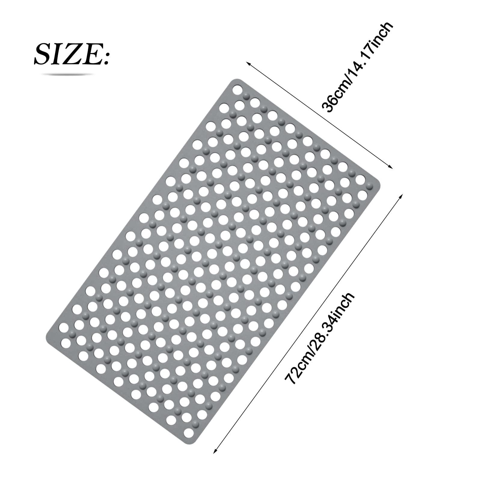 Grey Bath Mat Non Slip, Shower Mat with Suction Cups and Drain Holes, Long Tub Mat Anti Mould Silicone Mat for Bathroom Bathtub, 36 x 72cm/14 x 28inch 1