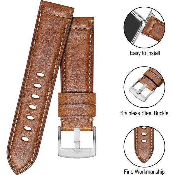 Avohome Genuine Leather Watch Strap Compatible with Apple Watch Band (42/44/45/49mm, Gold-sliver buckle) 3
