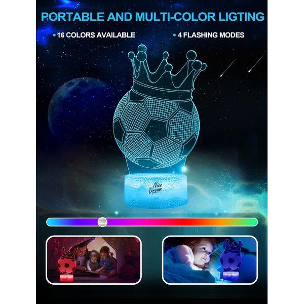 Nice Dream Crown Soccer Night Light for Kids, 3D Illusion Night Lamp, 16 Colors Changing with Remote Control, Room Decor, Gifts for Children Boys Girls 4