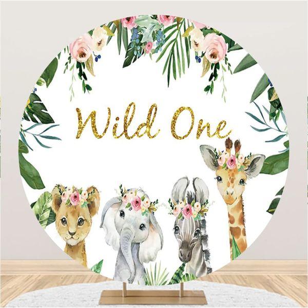 Renaiss 6.5ft Jungle Wild One Animal Round Backdrop Safari Animals Flowers Polyester Photography Background Baby Shower Kids 1st Birthday Party Decoration Cake Table Banner Photo Props 0