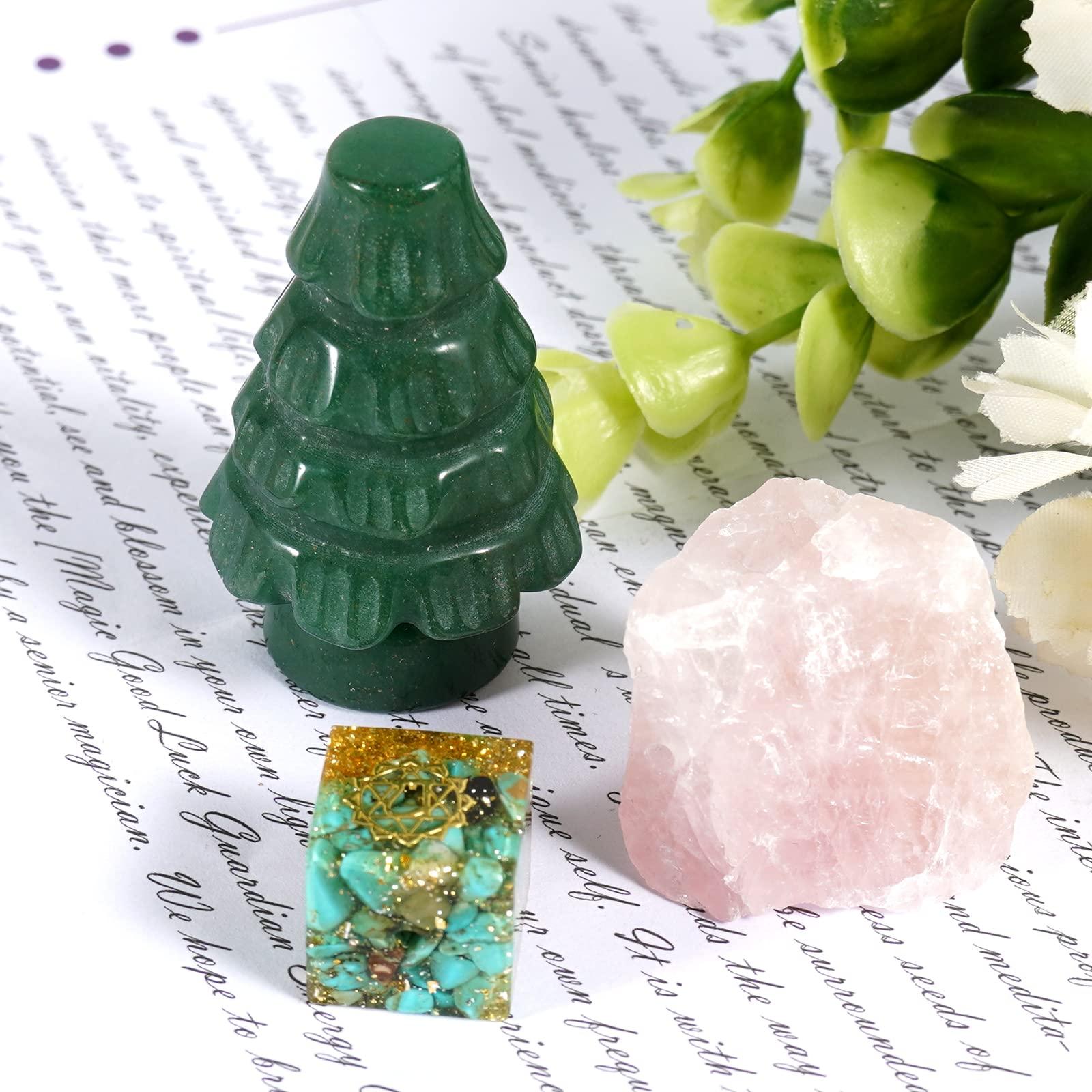 Soulnioi 5pcs Healing Crystal Decoration Set Include Green Aventurine Crystal Christmas Tree Ornaments Rose Quartz Crystal Incense Burner Mini Green Ogen Pendan for Reiki Decor Gift 2