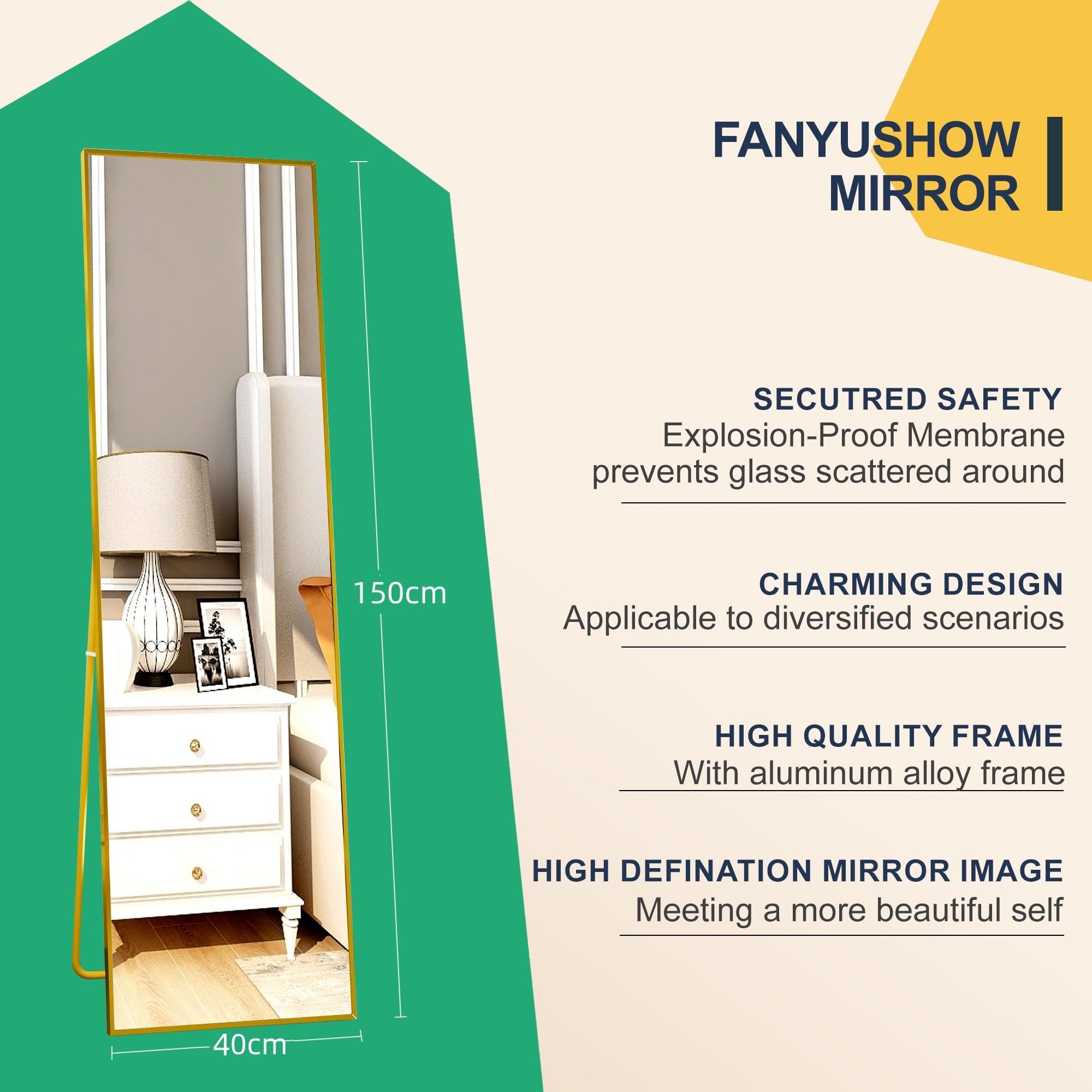 FANYUSHOW Full Length Mirror 140x40cm, Full Body Mirror for Bedroom, Standing Hanging or Leaning Against Wall, Floor Mirror with Gold Aluminum Alloy Frame 1