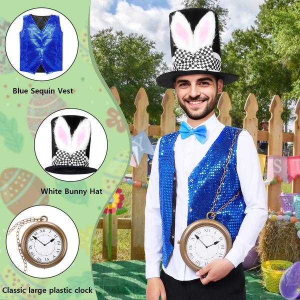 Maryparty Rabbit Costume Adult Easter Bunny Costume Set Blue Sequin Vest Big Clock Rabbit Ears Hat Nose Tail Bow Tie Bunny Costume Accessories for Adult (180) 2