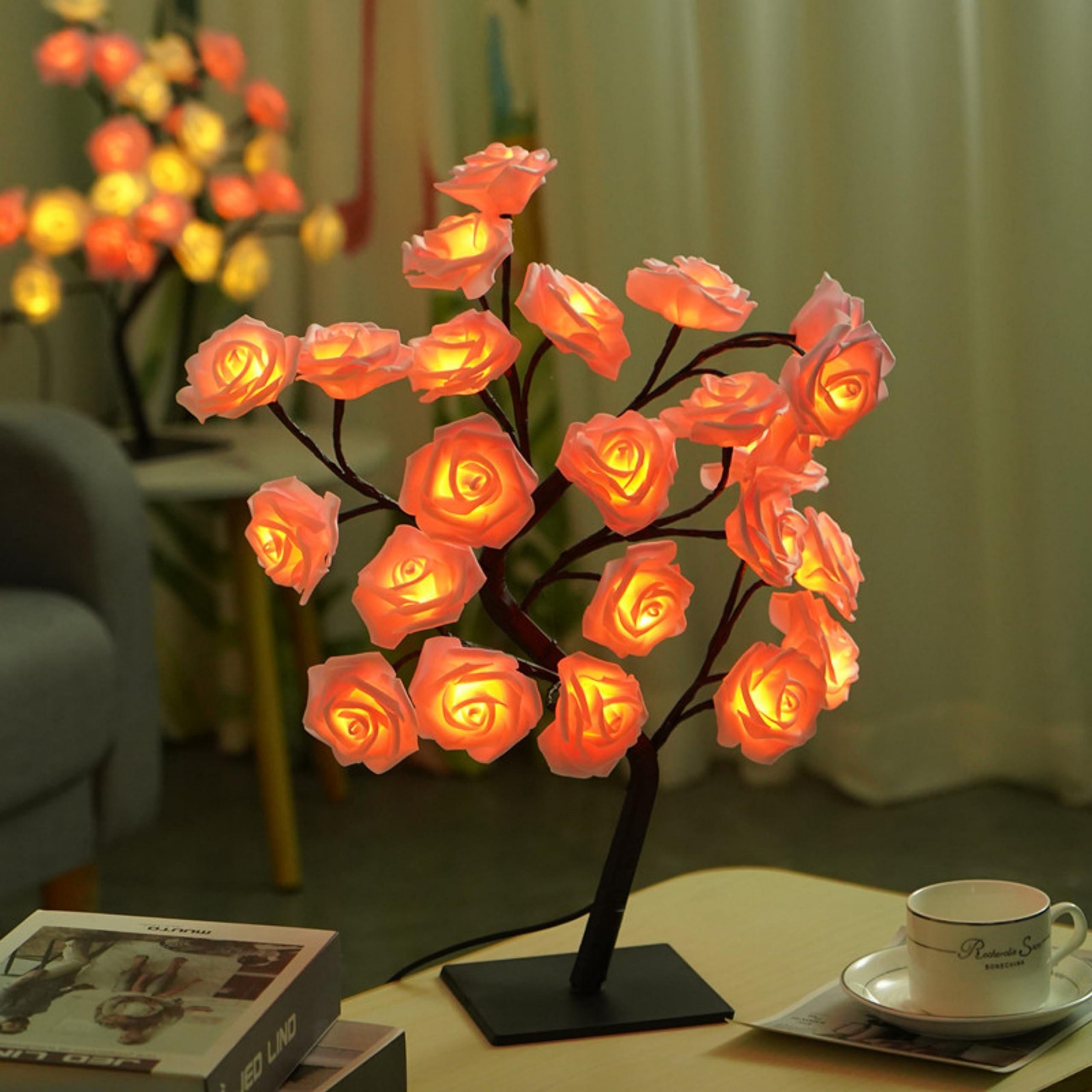 Table Lamp Rose Flower Desk Tree Lamp USB Operated Gift Tree Night Light Centerpiece Fairy Light for Mother's Father's Day Home Bedroom Valentines Easter Wedding Party Decor LED Desk Light (Pink) 0