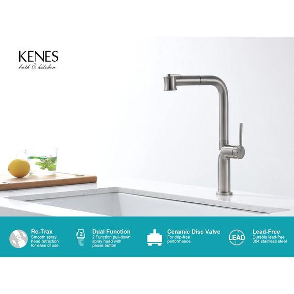 KENES Kitchen Sink Mixer Tap with Pull Out Sprayer, Single Lever Single Hole Kitchen Taps with Dual Function Sprayer, Brushed Nickel KE-8060 1