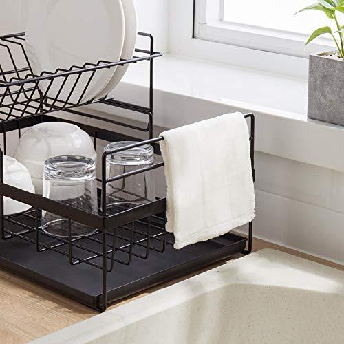 SUNFICON 2 Tier Dish Drainer Dish Drying Rack Detachable Kitchen Sink Dishes Dry Organiser Countertop Dish Draining Holder With Drip Tray Cutlery Utensil Holder RV Studio Small Flat 48×29.5×27cm Black 4