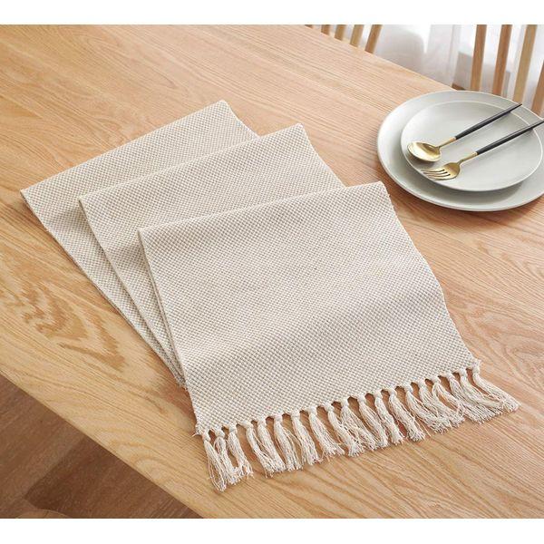 Aspthoyu Cotton Linen Fringe Table Runner, Geometric Handmade Woven Fabric Decorative Table Runners, Macrame Tablerunner for Kitchen, Restaurant, Hotel, Cafe, 33x200 cm 3